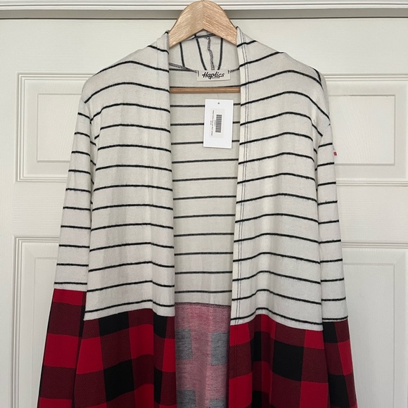 {Haptics} Buffalo Plaid Striped Open Front Long Cardigan - Women's Medium - NWT - Picture 3 of 11